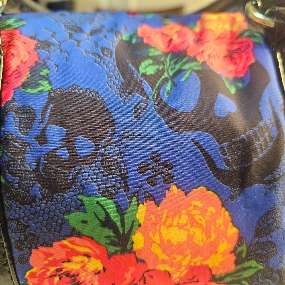 Betsey Johnson Skull Rose Floral Nylon Barrel Duffel Bag Studded Crossbody Goth - Picture 3 of 11